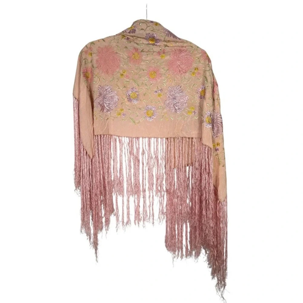 Vintage Pink Floral Embroidered Long Fringe Piano Shawl 50x52